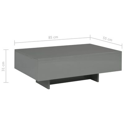 vidaXL kafijas galdiņš, 85x55x31 cm, spīdīgi pelēks MDF