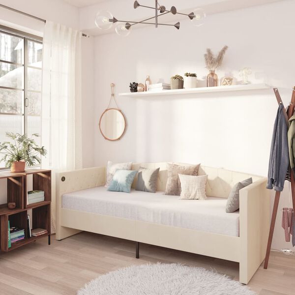 vidaXL dīvāngulta ar matraci, USB, krēmkrāsas samts, 90x200 cm