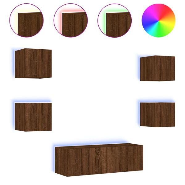 vidaXL TV sienas skapī&scaron;i ar LED, 5 gab., brūna ozola