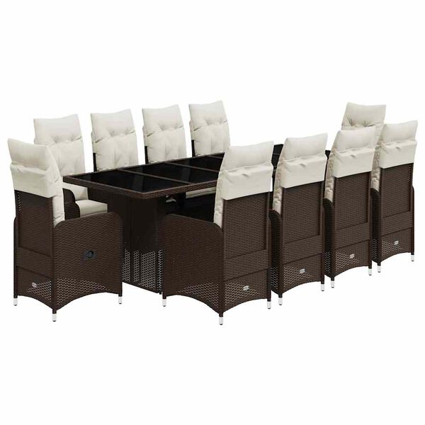 vidaXL 11daļīgs bistro mēbeļu komplekts, matrači, brūna PE rotangpalma