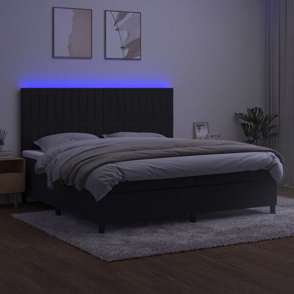 vidaXL atsperu gulta ar matraci, LED, melns samts, 200x200 cm