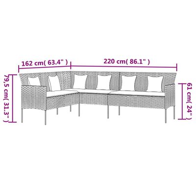 vidaXL L-formas dārza dīvāns ar spilveniem, pelēks, PE rotangpalma