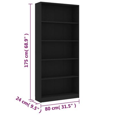 vidaXL 5-līmeņu grāmatu plaukts, melns, 80x24x175 cm, skaidu plāksne