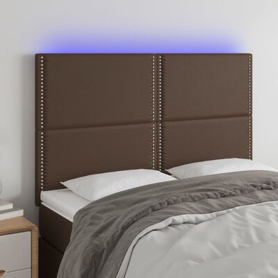 vidaXL gultas galvgalis ar LED, 144x5x118/128 cm, brūna mākslīgā āda