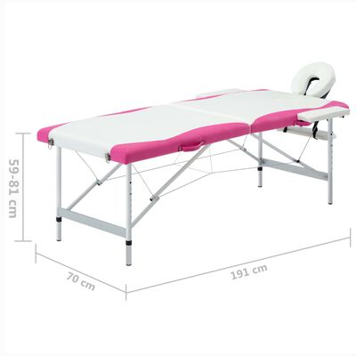 vidaXL saliekams masāžas galds, 2 daļas, alumīnijs, balts ar rozā