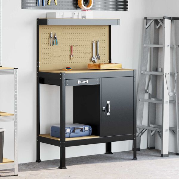 vidaXL Darba Soli ar plauktu Melna 90 x 49 x 141 cm Inženierijas koks