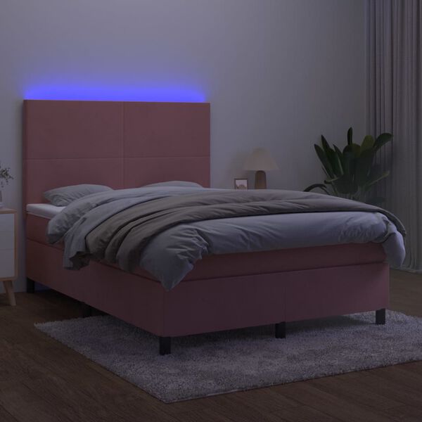 vidaXL atsperu gulta ar matraci, LED, rozā samts, 140x190 cm
