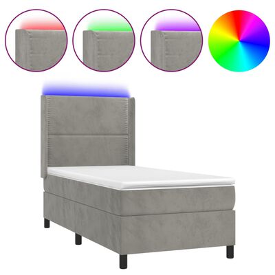 vidaXL atsperu gulta ar matraci, LED, gaiši pelēks samts, 100x200 cm