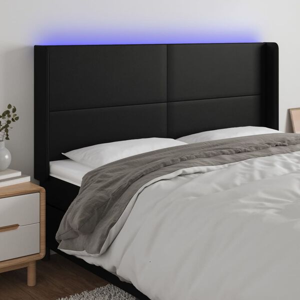 vidaXL gultas galvgalis ar LED, 183x16x118/128 cm, melna mākslīgā āda