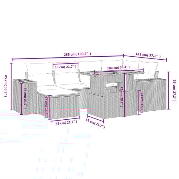 vidaXL 7-daļīgs dārza dīvāna komplekts, matrači, bē&scaron;a PE rotangpalma