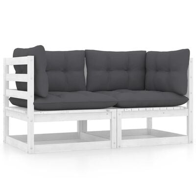 vidaXL 2-vietīgs dārza dīvāns ar matračiem, balts priedes masīvkoks