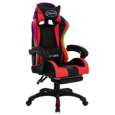 vidaXL biroja krēsls, RGB LED gaismas, sarkana un melna mākslīgā āda