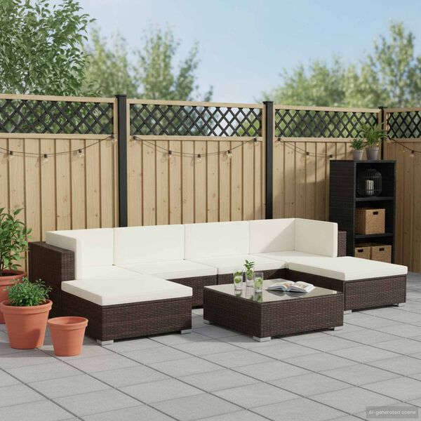 vidaXL 7-daļīgs dārza atpūtas mēbeļu komplekts ar matračiem, PE, brūns