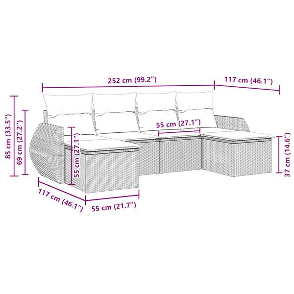 vidaXL 6-daļīgs dārza dīvāna komplekts, matrači, melna PE rotanpalma