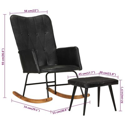 vidaXL šūpuļkrēsls ar kāju balstu, melna dabīgā āda