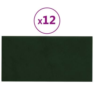 vidaXL sienas paneļi, 12 gab., tumši zaļi, 30x15 cm, samts, 0,54 m²