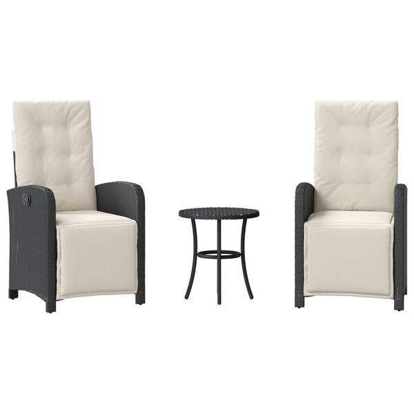 vidaXL 3-daļīgs bistro mēbeļu komplekts, matrači, melna PE rotangpalma