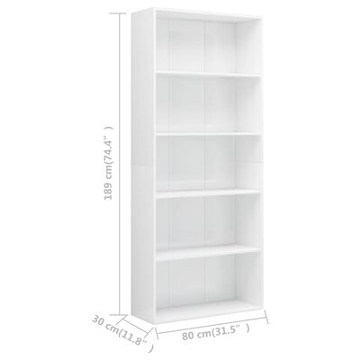 vidaXL 5-līmeņu grāmatu plaukts, balts, 80x30x189 cm, skaidu plāksne