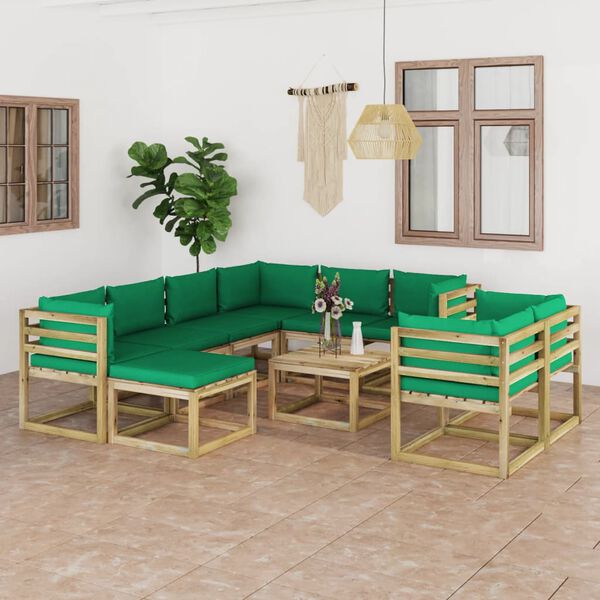 vidaXL 10-daļīgs dārza mēbeļu komplekts ar matračiem, priedes koks