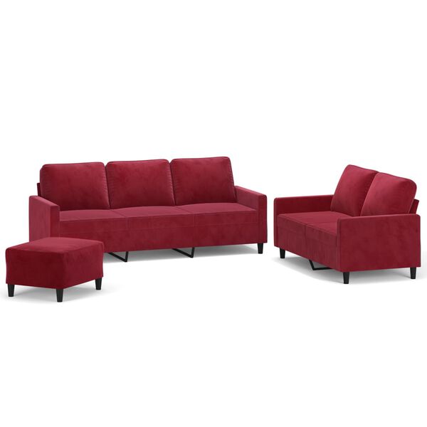vidaXL trīsdaļīgs dīvānu komplekts ar spilveniem, vīnsarkans samts