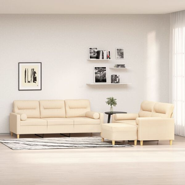 vidaXL trīsdaļīgs dīvānu komplekts ar spilveniem, krēmkrāsas audums