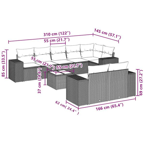 vidaXL 9-daļīgs dārza dīvāna komplekts,matrači, gai&scaron;i pelēka PE pinums