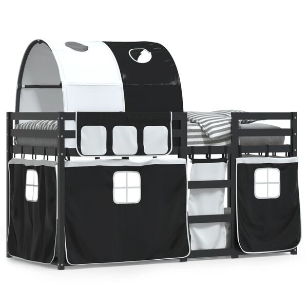 vidaXL gulta ar aizkariem, melnbalta, 90x200 cm, priedes masīvkoks