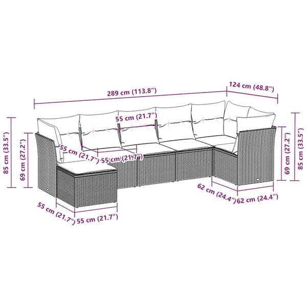 vidaXL 7-daļīgs dārza dīvāna komplekts,matrači, gai&scaron;i pelēka PE pinums