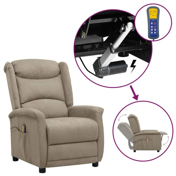 vidaXL masāžas krēsls, paceļams, gai&scaron;i pelēks mikro&scaron;ķiedras audums