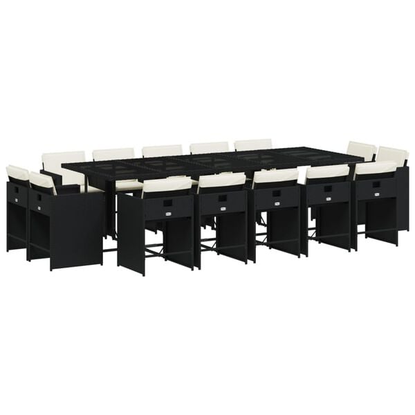 vidaXL 15-daļīgs dārza mēbeļu komplekts ar matračiem, melns PE