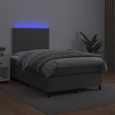 vidaXL atsperu gulta ar matraci, LED, pelēka, 120x190 cm, mākslīgā āda