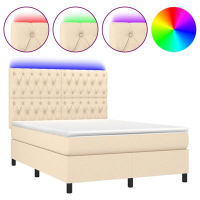 vidaXL atsperu gulta ar matraci, LED, krēmkrāsas audums, 140x190 cm