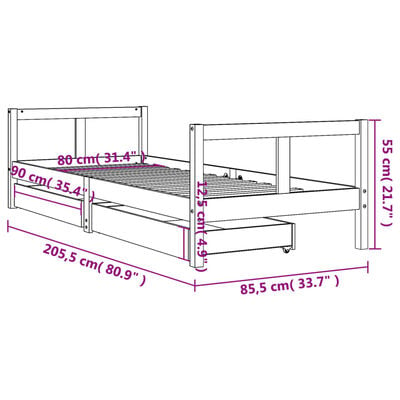 vidaXL bērnu gultas rāmis ar atvilktnēm, 80x200 cm, priedes masīvkoks