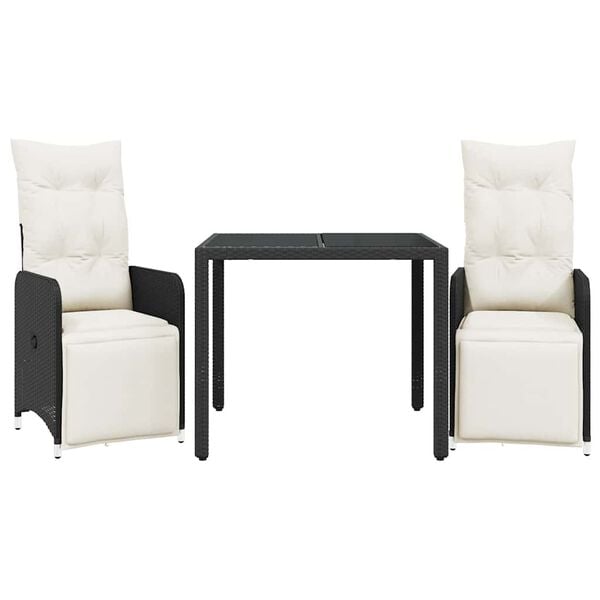 vidaXL 3-daļīgs bistro mēbeļu komplekts, matrači, melna PE rotangpalma