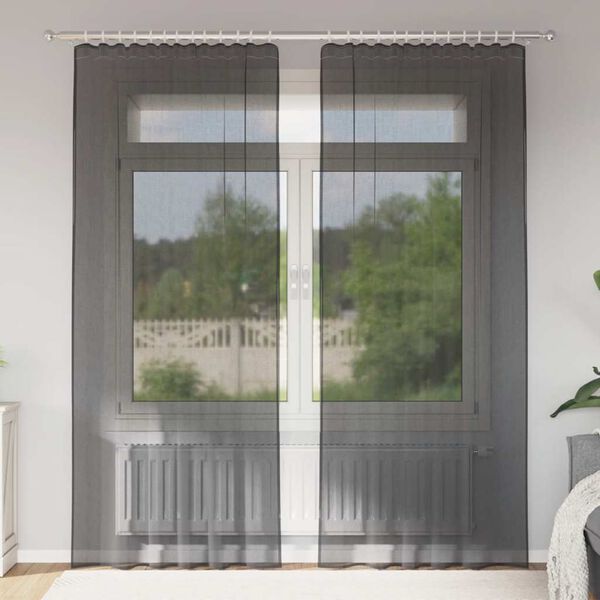 vidaXL voile aizkari ar stieņu kabatām, 2 gab., melni