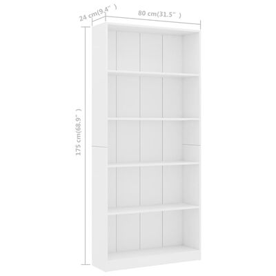 vidaXL 5-līmeņu grāmatu plaukts, balts, 80x24x175 cm, skaidu plāksne