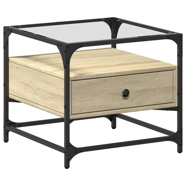 vidaXL kafijas galdiņ&scaron; ar stikla virsmu ozola krāsa 50x50x45cm tērauds