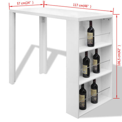 vidaXL bāra galds ar vīna pudeļu statīvu, spīdīgs, balts MDF