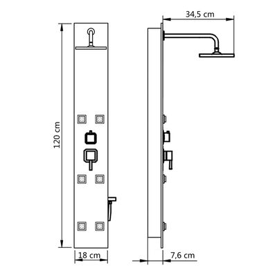 vidaXL dušas sistēma ar paneli, 18x42,1x120 cm, stikls, melna