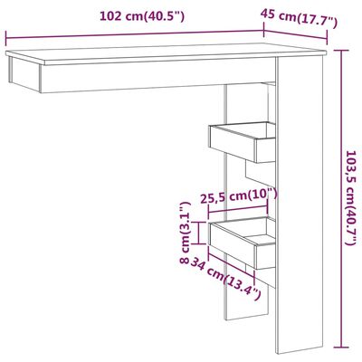 vidaXL sienas bāra galds, pelēks, 102x45x103,5 cm, inženierijas koks