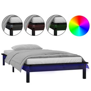 vidaXL gultas rāmis, LED, melns, 90x200 cm, masīvkoks