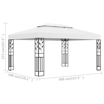 vidaXL dārza nojume ar dubulto jumtu, 3x4 m, balta