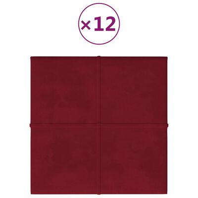 vidaXL sienas paneļi, 12 gab., vīnsarkani, 30x30 cm, samts, 1,08 m²