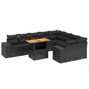 vidaXL 10-daļīgs dārza dīvāna komplekts, matrači, melna PE rotangpalma