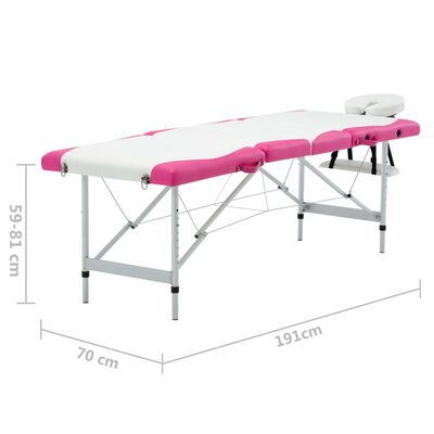 vidaXL saliekams masāžas galds, 4 daļas, alumīnijs, balts ar rozā