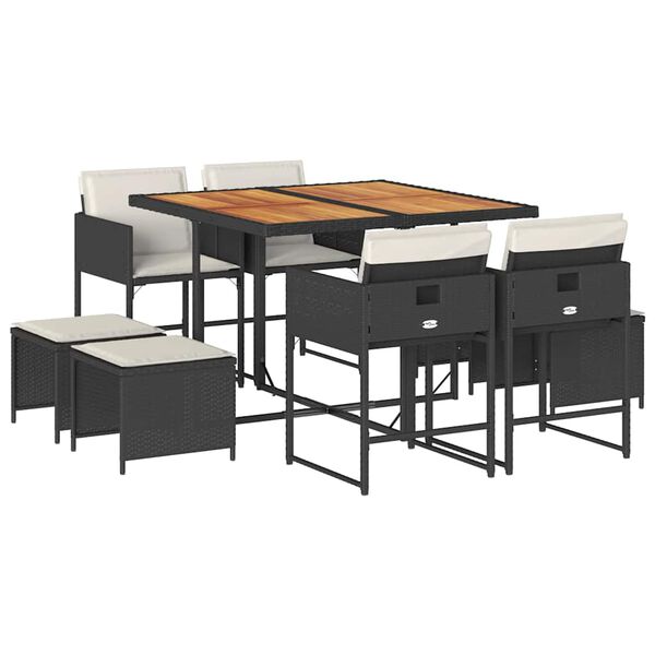 vidaXL 9-daļīgs dārza mēbeļu komplekts, matrači, melns, PE rotangpalma