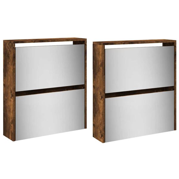 vidaXL apavu plaukts ar spoguli, 4 nodalījumi ozola krāsa 63x17x134 cm