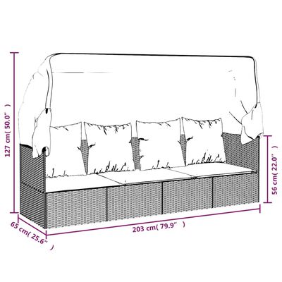 vidaXL dārza atpūtas gulta ar jumtu, matračiem, pelēka PE rotangpalma