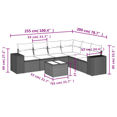 vidaXL 7-daļīgs dārza dīvāna komplekts, matrači, bēša PE rotangpalma