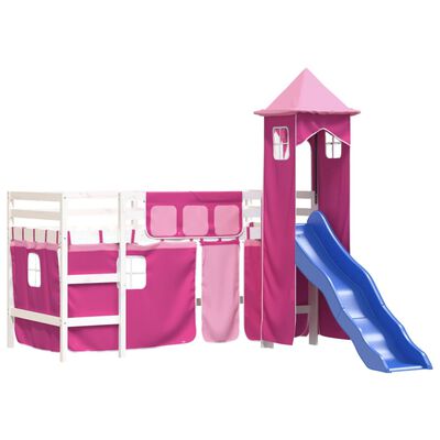 vidaXL bērnu augstā gulta ar torni, rozā, 80x200 cm, priedes masīvkoks